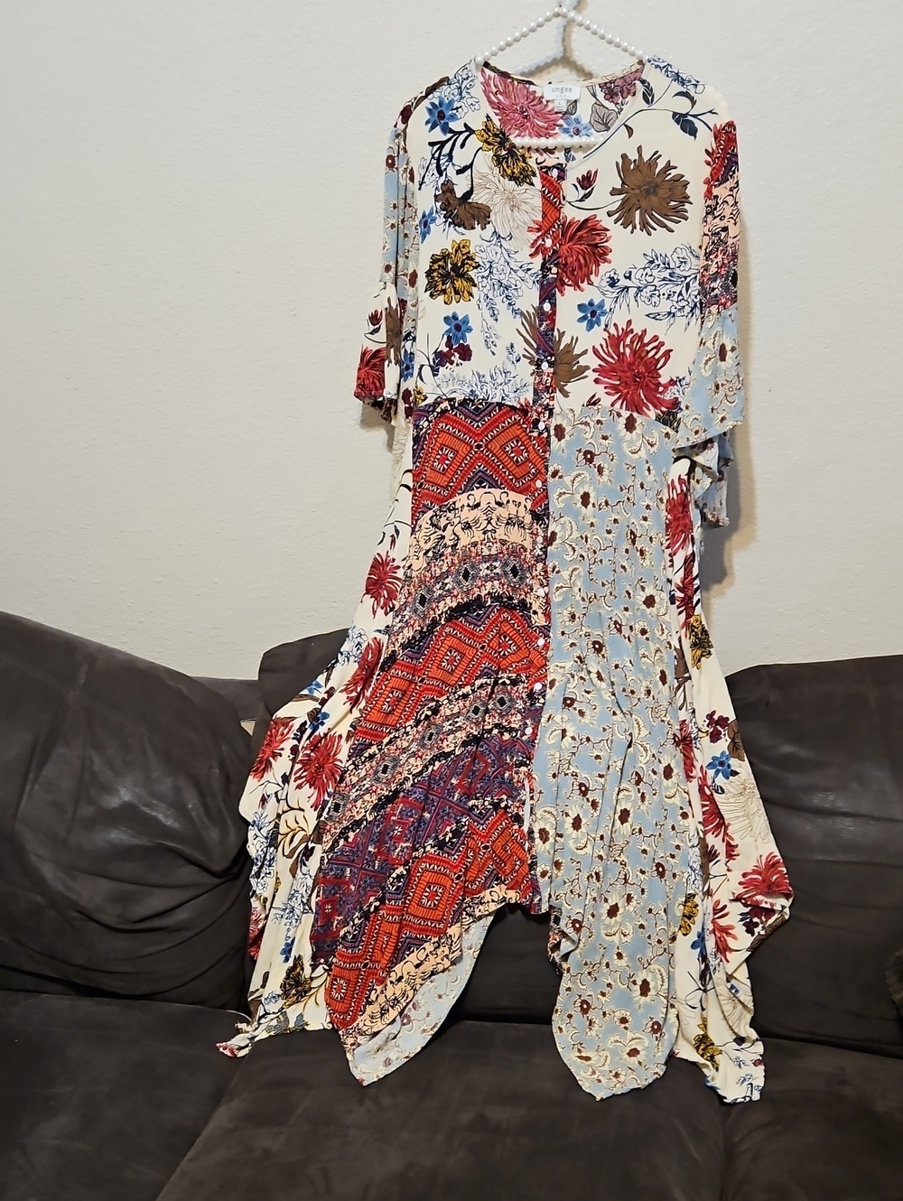 Umgee BOHO Multicolor Asymmetrical Patchwork Dress - Cream, Red & Blue